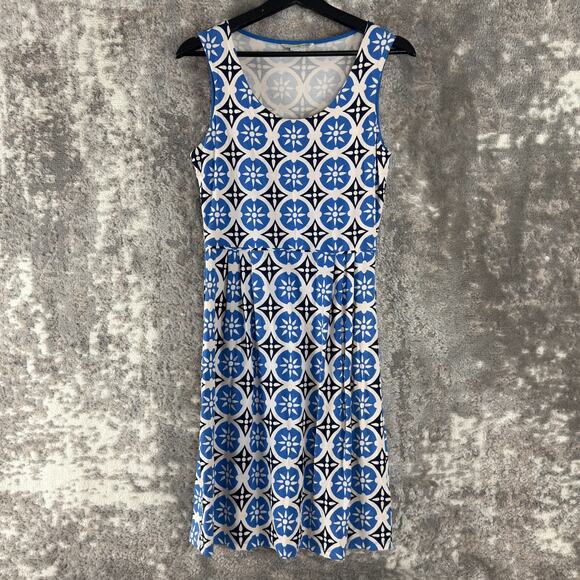 Boden Size 8 Boho Geometric Fit Flared Knee Length Dress Blue Sleeveless Stretch - Picture 1 of 9